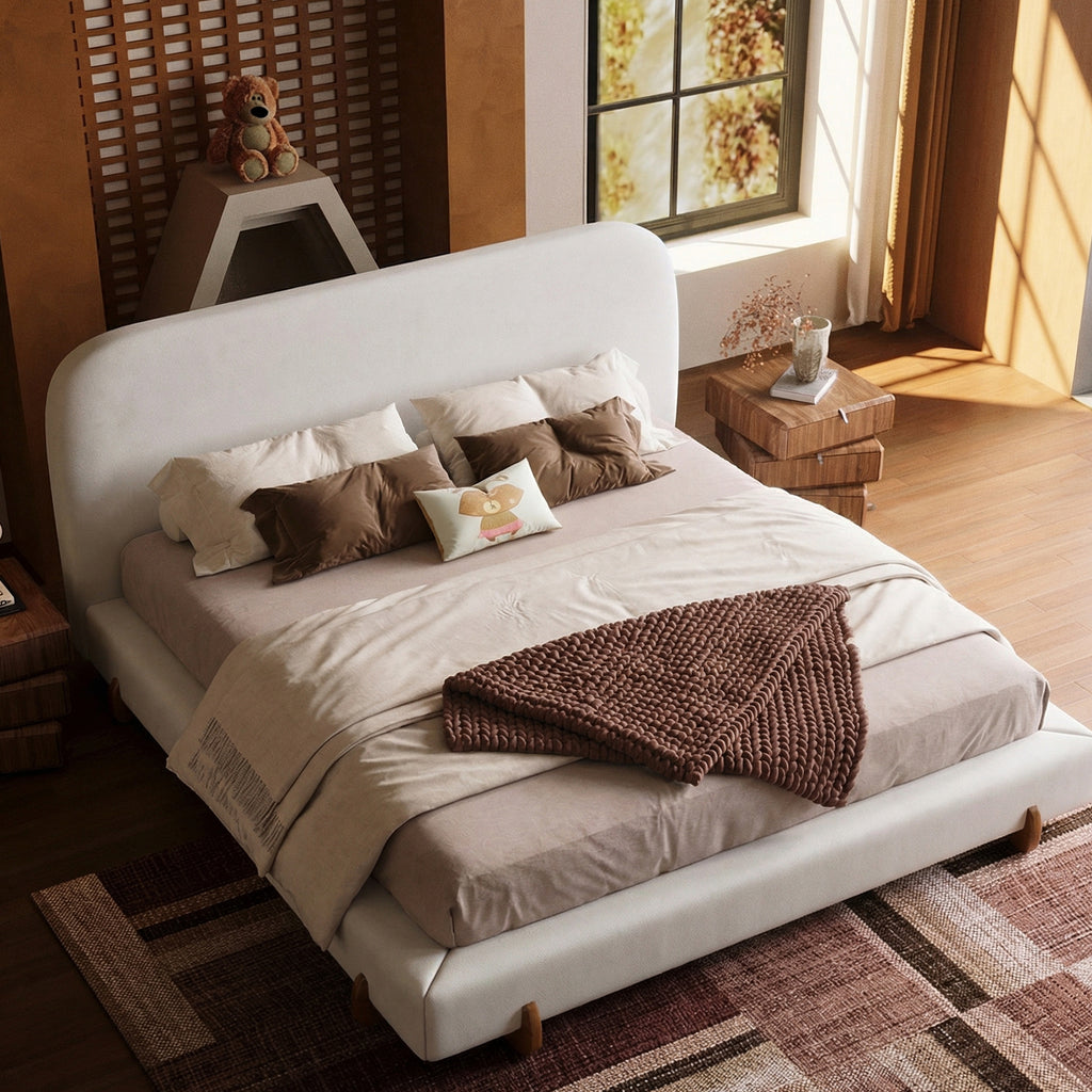 Cloud-Feel Bed– King Size, White Upholstered Platform Bed Frame with Soft Headboard & Wood Solid Legs, for Bedroom Apartment
