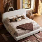 Cloud-Feel Bed– King Size, White Upholstered Platform Bed Frame with Soft Headboard & Wood Solid Legs, for Bedroom Apartment