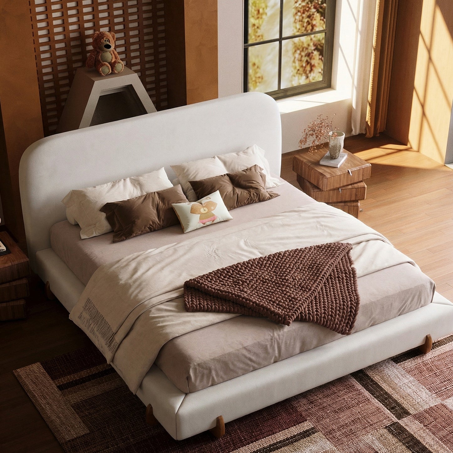 Boucle Cloud-Feel Bed– King Size,  Wood Solid Legs