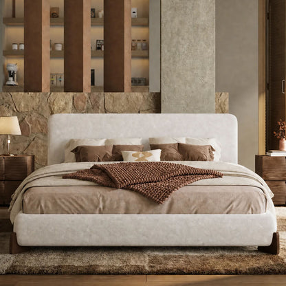 Queen Size Boucle Cloud-Feel Bed Frame,  Solid Wood Legs
