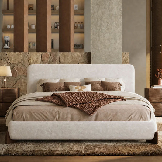 Queen Size Boucle Cloud-Feel Bed Frame,  Solid Wood Legs