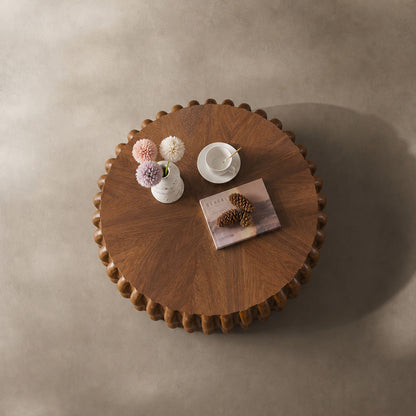 Fluted Wave-Drum Walnut Solid Wood Round Coffee Table