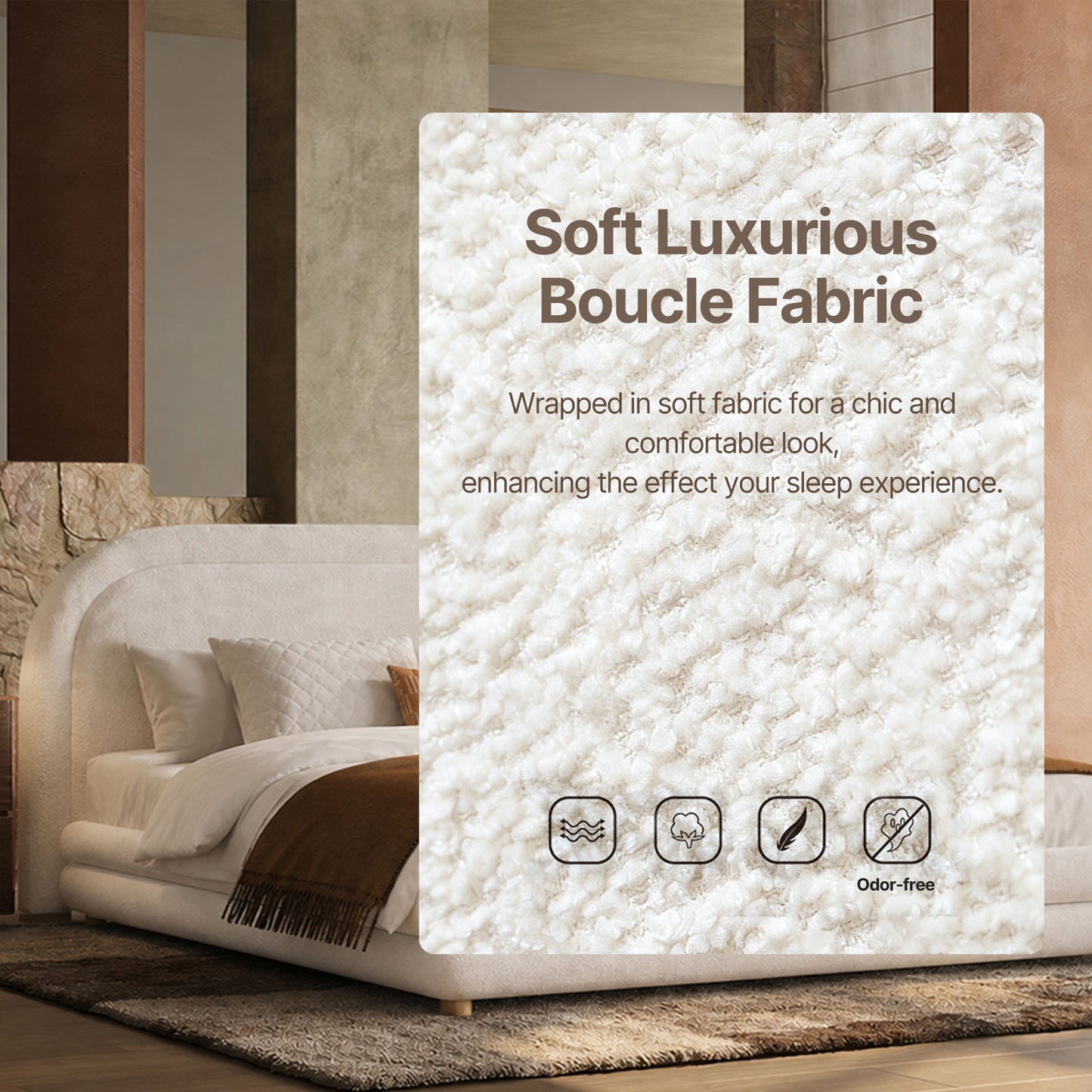 Neutral Minimal Curved Arch Dome Cloud Boucle Queen Bed Frame