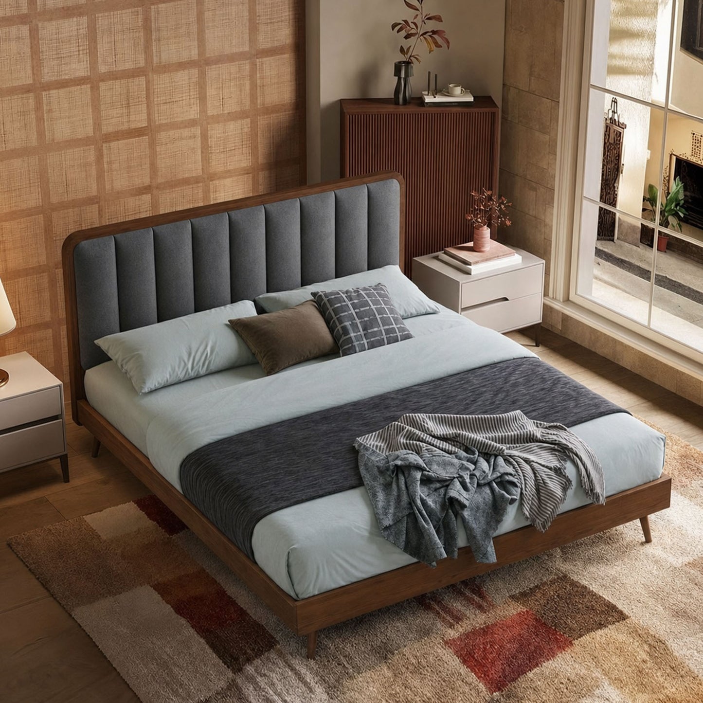 Vertical Tufted Fabric Walnut Wood Gold-Leg Queen Bed