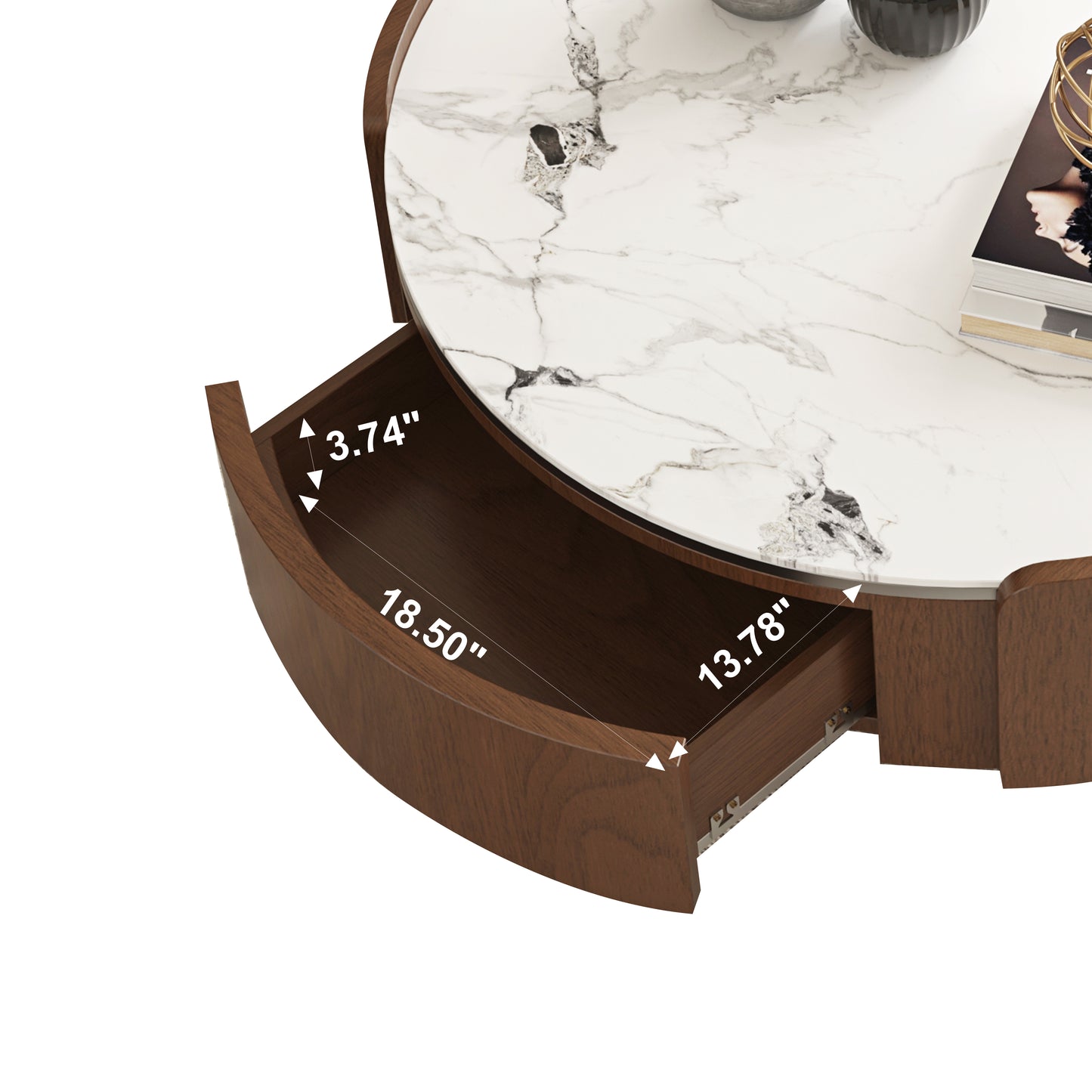 Walnut & Stone Round Coffee Table｜35.43" 2-Sided Curved Drawers
