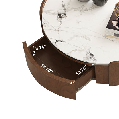Walnut & Stone Round Coffee Table｜35.43" 2-Sided Curved Drawers