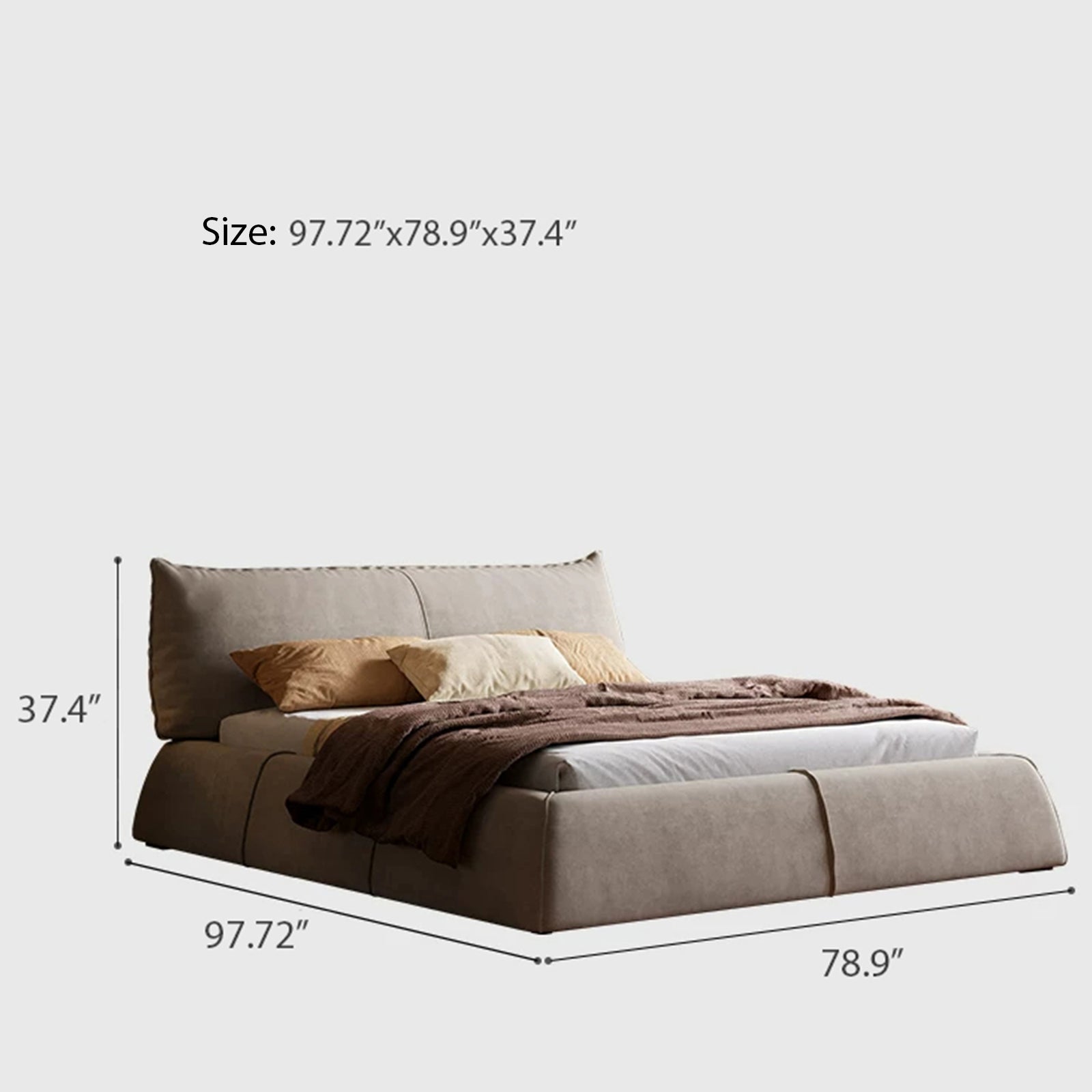Queen Size Upholstered Bed Frame, Minimalist Low-Profile Floor Bed with Oversized Soft Headboard, Modern Mid-Century Linen Platform Bed, No Box Spring Needed, Beige