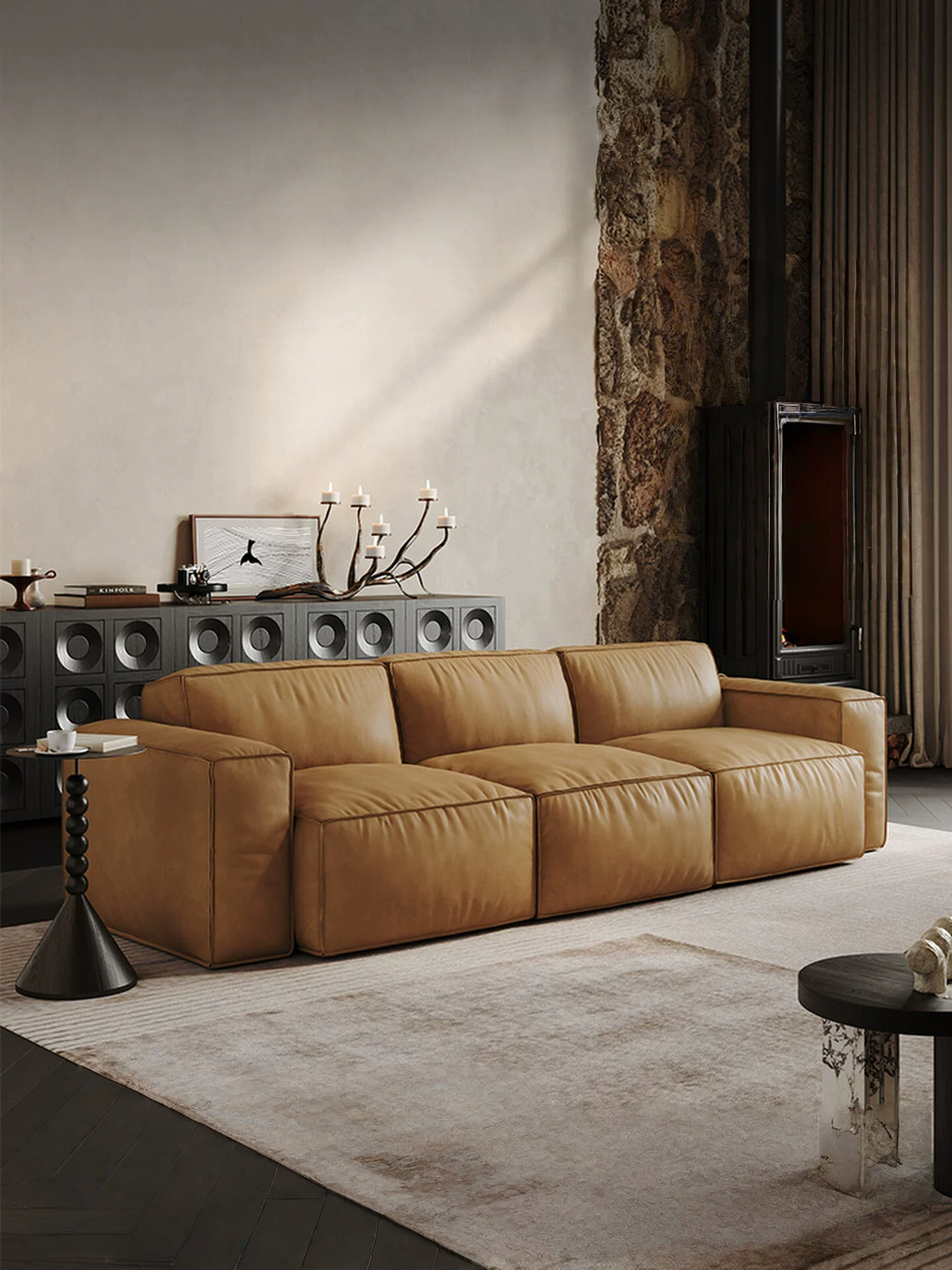 air Leather 3 Piece Sofa in Camel - Faux Leather 3 Seater Couch - Comfy Mid Century Modern Sofa for Living Room, Apartment