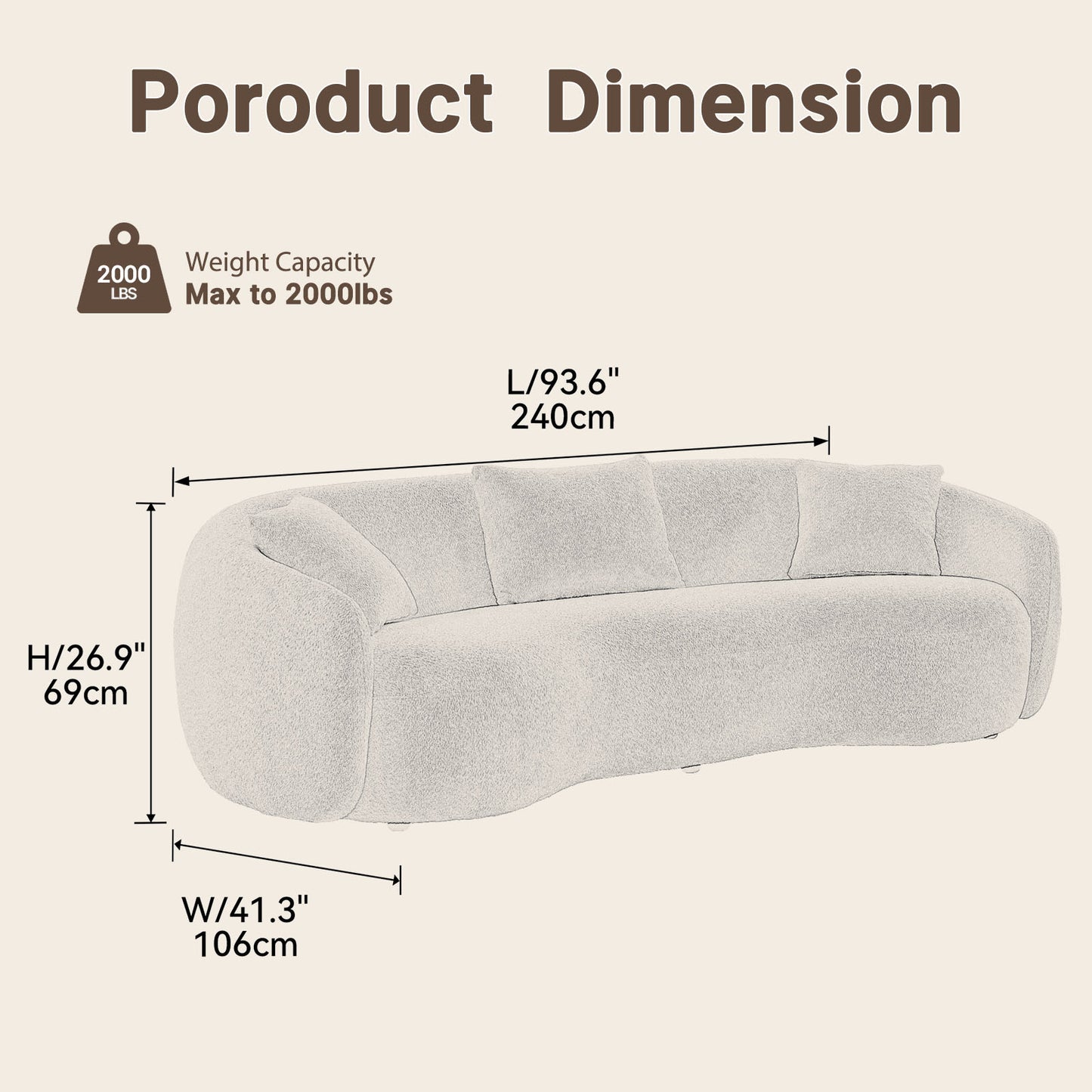 White Boucle Fabric 93.6" 3-Seater Sofa – Lounge Sleeper with Solid Wood Framem,No assembly required.