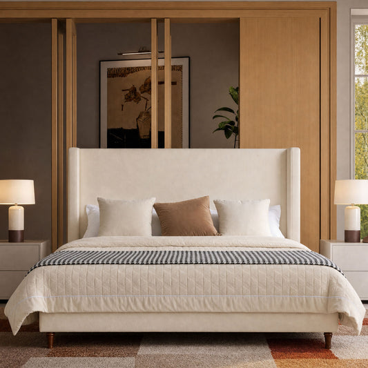 54" Wingback Bouclé Loop-Yarn High-Headboard King Bed