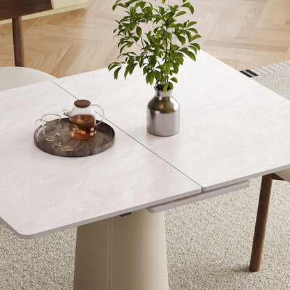 Retractable Rock Slab Folding Dining Table, Modern Square Expandable Table with Leather-Wrapped Stainless Steel Base