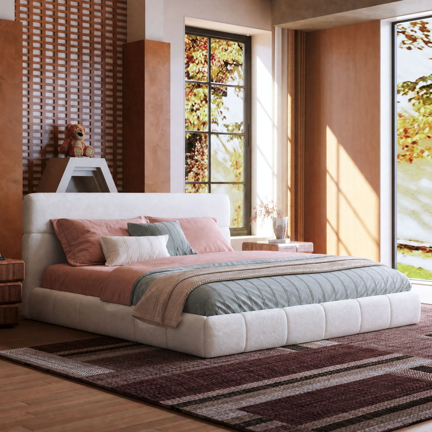 Boucle Puff Segmented Bed Double Headboard Cloud Style Wood Slats Cream Minimalist Assembly