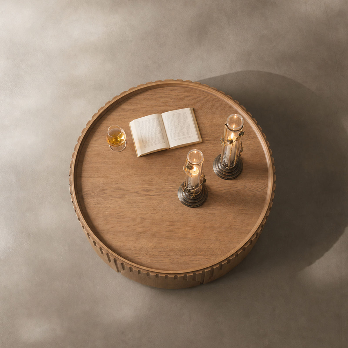 Fluted-Embossed Skirt Tray-Rim Vintage Round Coffee Table