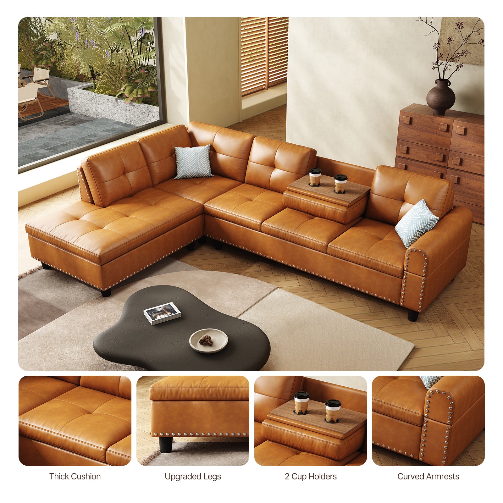 98" Leather Couch L-Shaped Modular – Convertible Sectional Couch with Movable Chaise, Multi-Scene Use for Living Room, Apartment & Office