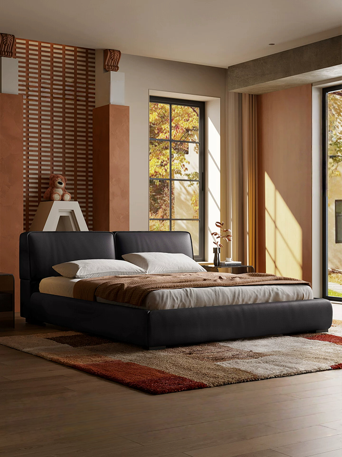 Queen Size Faux Leather Upholstered Platform Bed, Queen Size Modern Minimalist Low Profile Bed Frame with Padded Headboard, No Box Spring Needed, for Bedroom