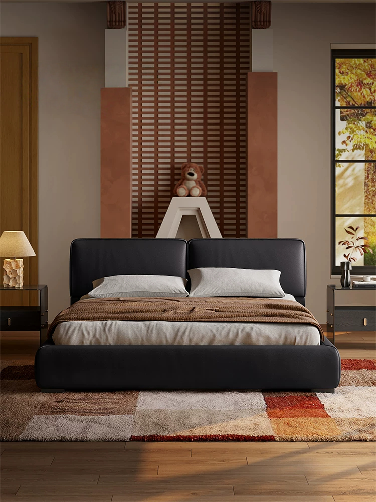 Queen Size Faux Leather Upholstered Platform Bed, Queen Size Modern Minimalist Low Profile Bed Frame with Padded Headboard, No Box Spring Needed, for Bedroom