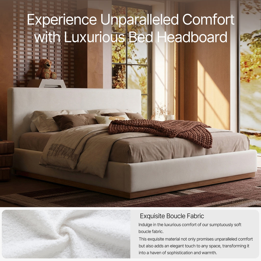 Modern Cloud-Feel Bed– Queen Size, Platform Bed with Soft Thick Headboard,Block White Fabric Upholstered Bed with Nice Wood Grain Textured Solid Wood Base Frame