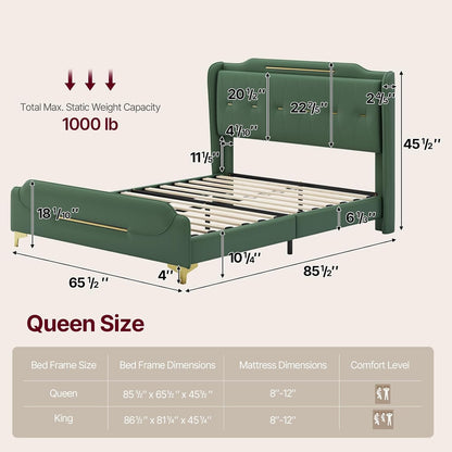 Queen Size Faux Leather Upholstered Platform Bed Frame, Modern Bed with Golden Iron Metal Decor, Metal Legs & Solid Wood Slats Support, No Box Spring Needed
