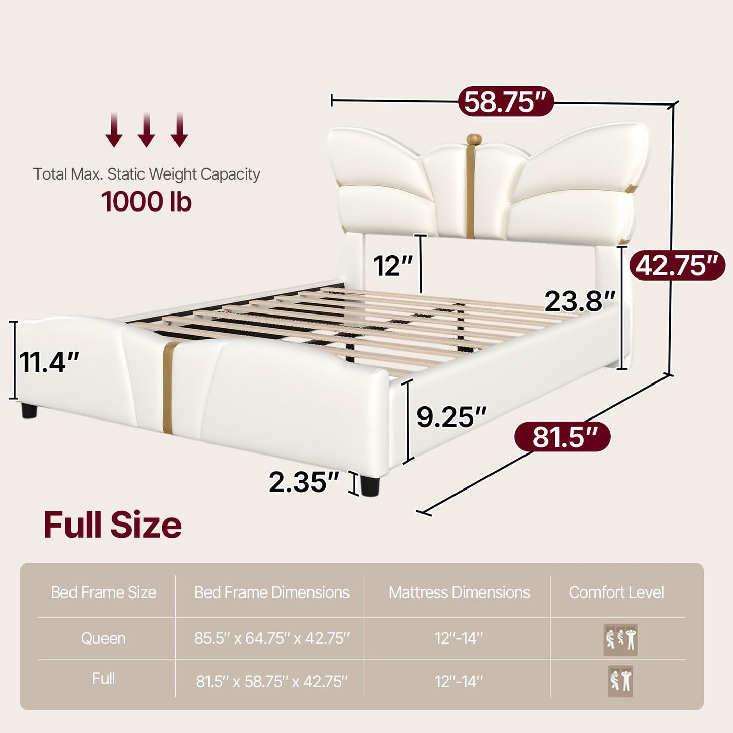 Queen Size Upholstered PU Leather Bed Frame with Butterfly Headboard and Footboard, Modern Platform Bed with Gold Metal Accents