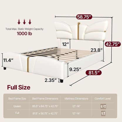 Queen Size Upholstered PU Leather Bed Frame with Butterfly Headboard and Footboard, Modern Platform Bed with Gold Metal Accents