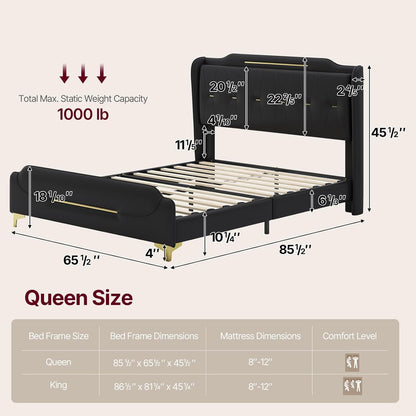 Queen Size Faux Leather Upholstered Platform Bed Frame, Modern Bed with Golden Iron Metal Decor, Metal Legs & Solid Wood Slats Support, No Box Spring Needed
