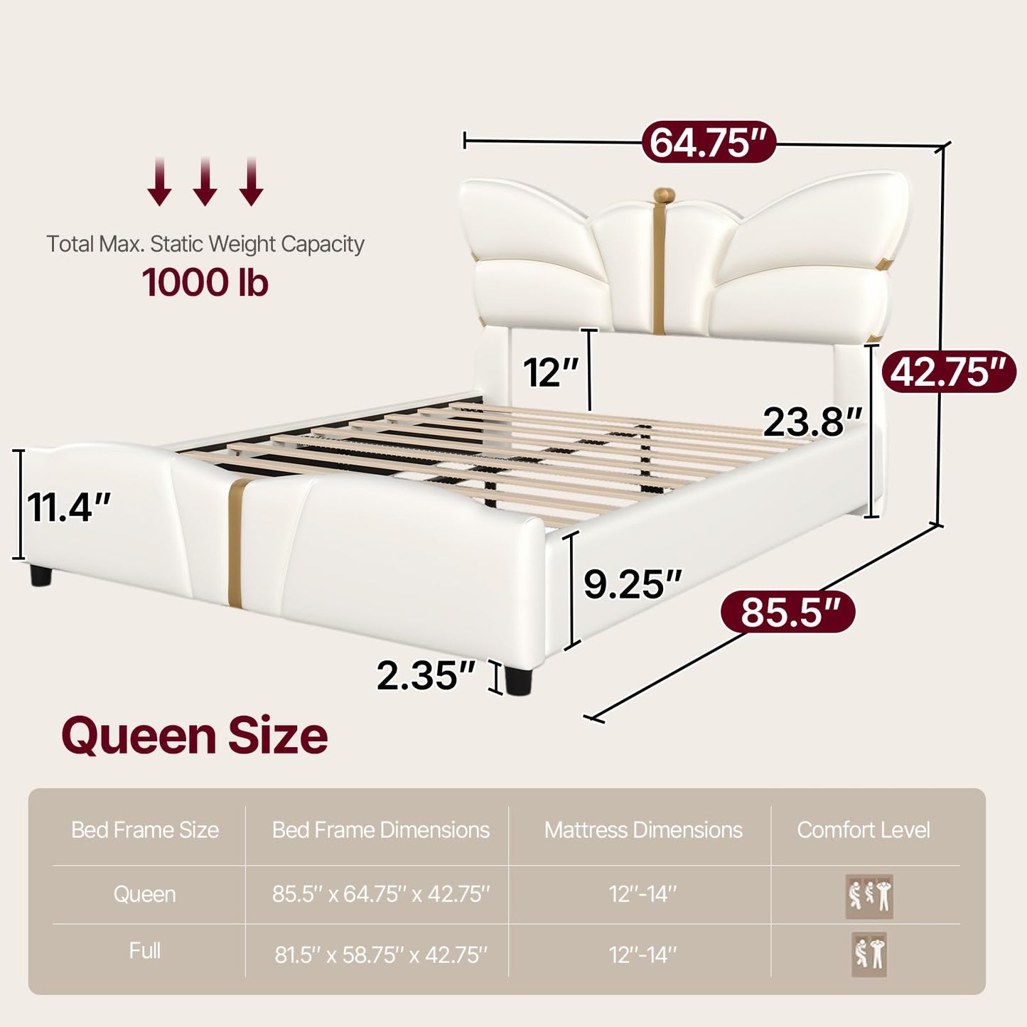 Queen Size Upholstered PU Leather Bed Frame with Butterfly Headboard and Footboard, Modern Platform Bed with Gold Metal Accents