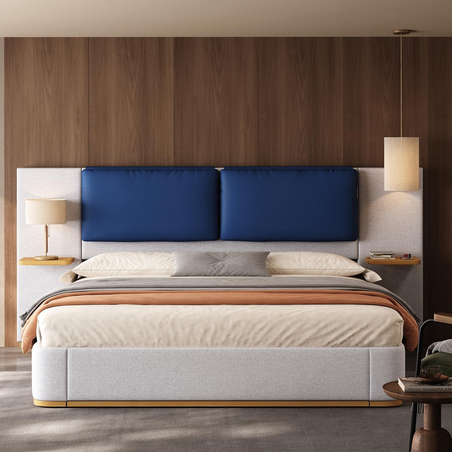 Modern Minimal Side Shelf Cloud Plush Boucle Queen Bed Frame