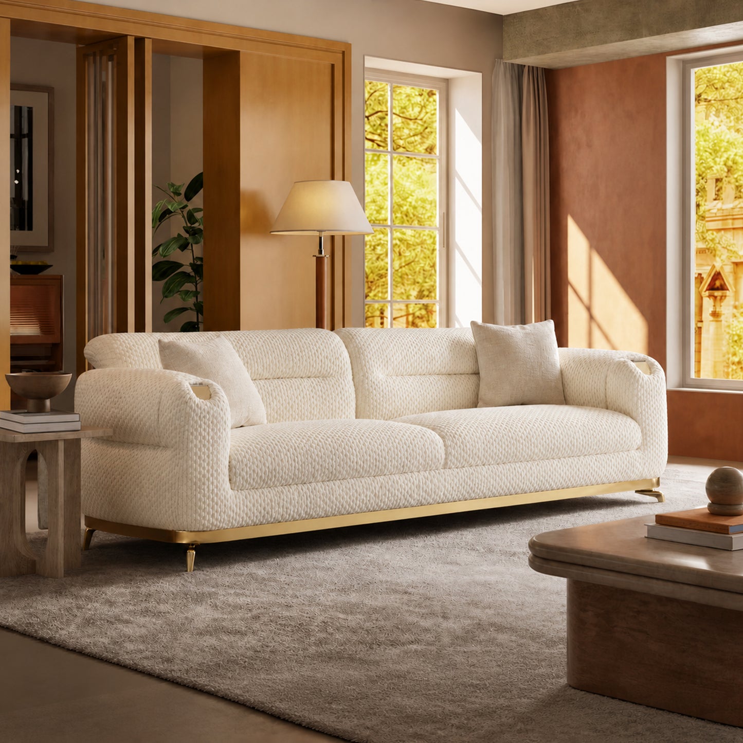 91-inch white textured 3-seater modular sofa, boucle fabric with two cushions, metal and wood frame, capable of supporting 2000 pounds, modern and luxurious living room apartment sofa
