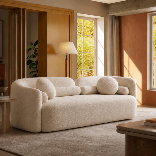 88.58-inch cream-colored 3-seater sofa, modern cloud-shaped velvet fabric sofa with decorative cushions, wooden frame with a load-bearing capacity of 2000 pounds, minimalist style living room apartment sofa