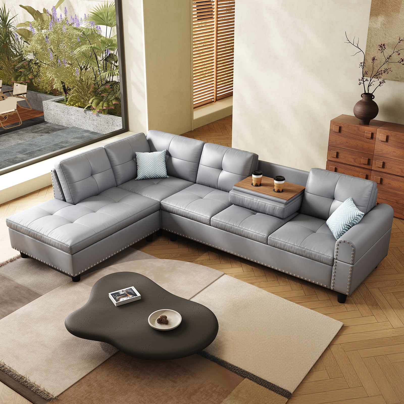 98" Leather Couch L-Shaped Modular – Convertible Sectional Couch with Movable Chaise, Multi-Scene Use for Living Room, Apartment & Office