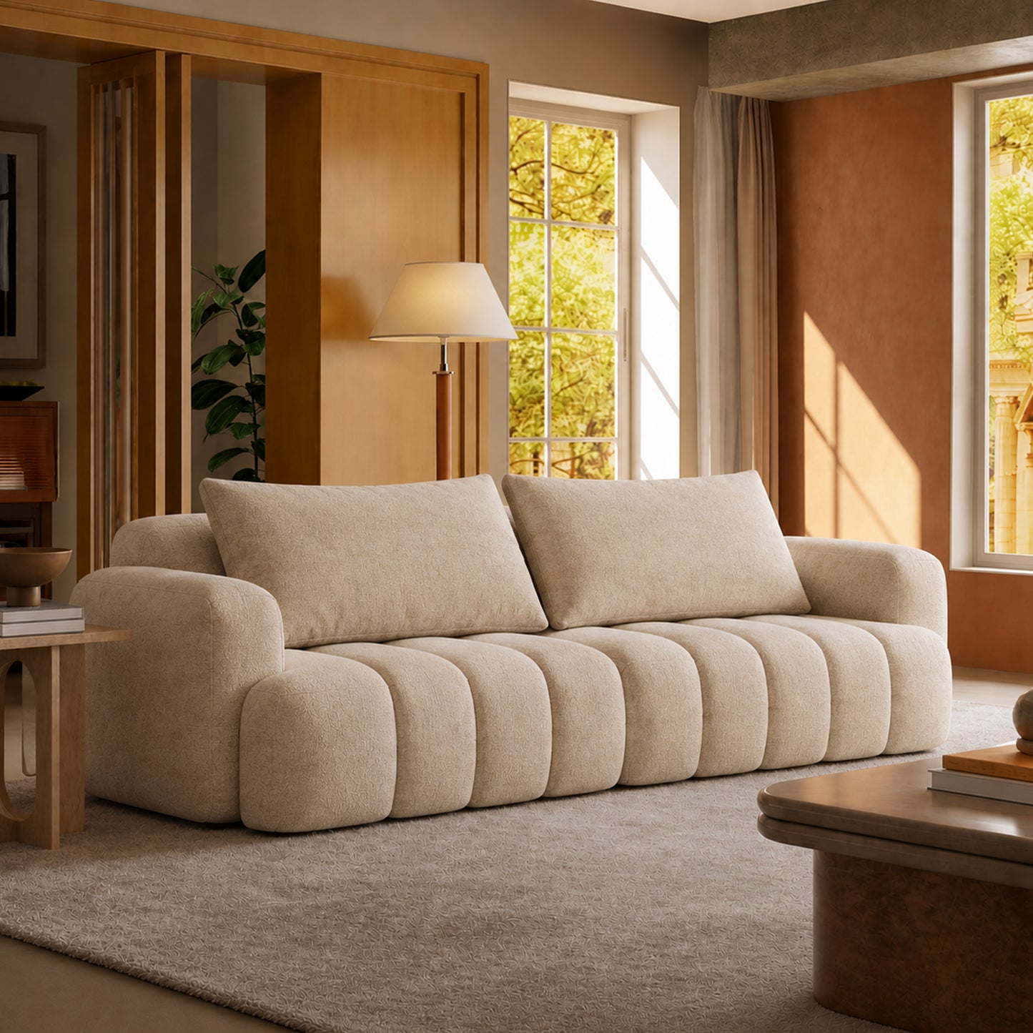 100-Inch Beige Vertical Stitching 3-Seater Sofa, Modern Bouclé Upholstered Sofa, Equipped with 2 Throw Pillows and a 2000-Pound Load-Bearing Wooden Frame
