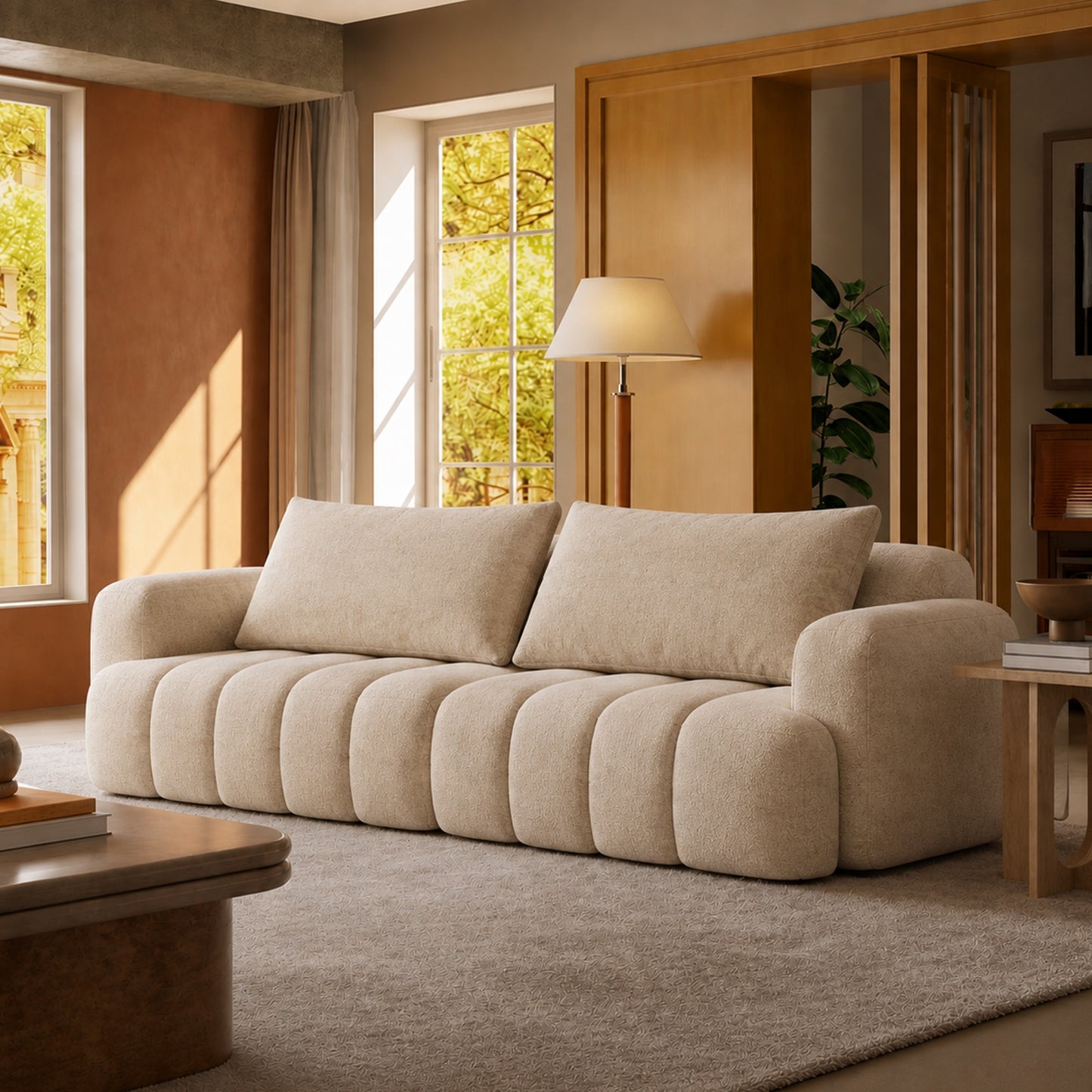 100-Inch Beige Vertical Stitching 3-Seater Sofa, Modern Bouclé Upholstered Sofa, Equipped with 2 Throw Pillows and a 2000-Pound Load-Bearing Wooden Frame