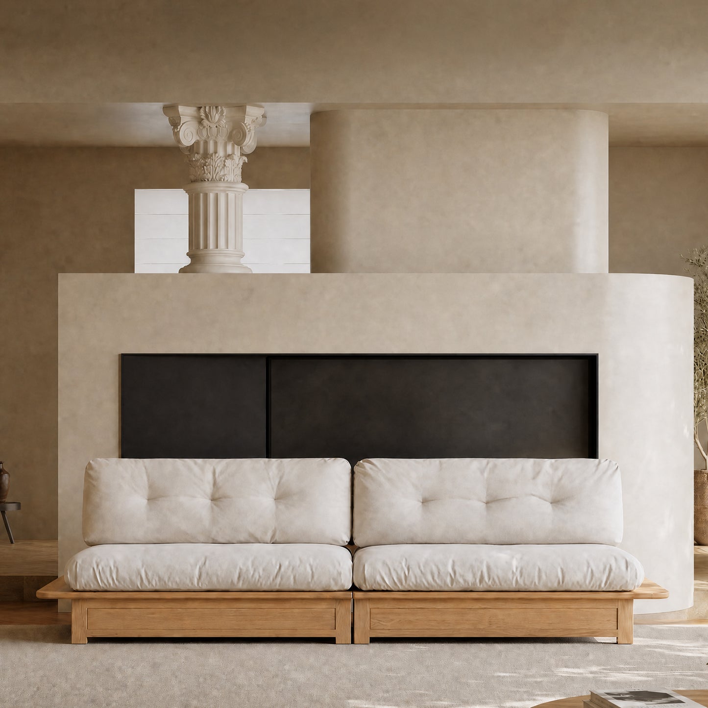 107.87" Natural Solid Wood Frame 3-Seater Modular Sofa, Cream Tufted Linen Floor Cushion Couch, Low Profile Japandi Sofa Max 2000 LBS for Living Room