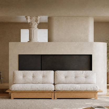 107.87" Natural Solid Wood Frame 3-Seater Modular Sofa, Cream Tufted Linen Floor Cushion Couch, Low Profile Japandi Sofa Max 2000 LBS for Living Room