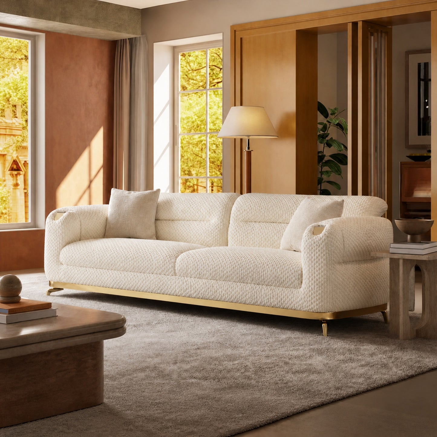 91-inch white textured 3-seater modular sofa, boucle fabric with two cushions, metal and wood frame, capable of supporting 2000 pounds, modern and luxurious living room apartment sofa