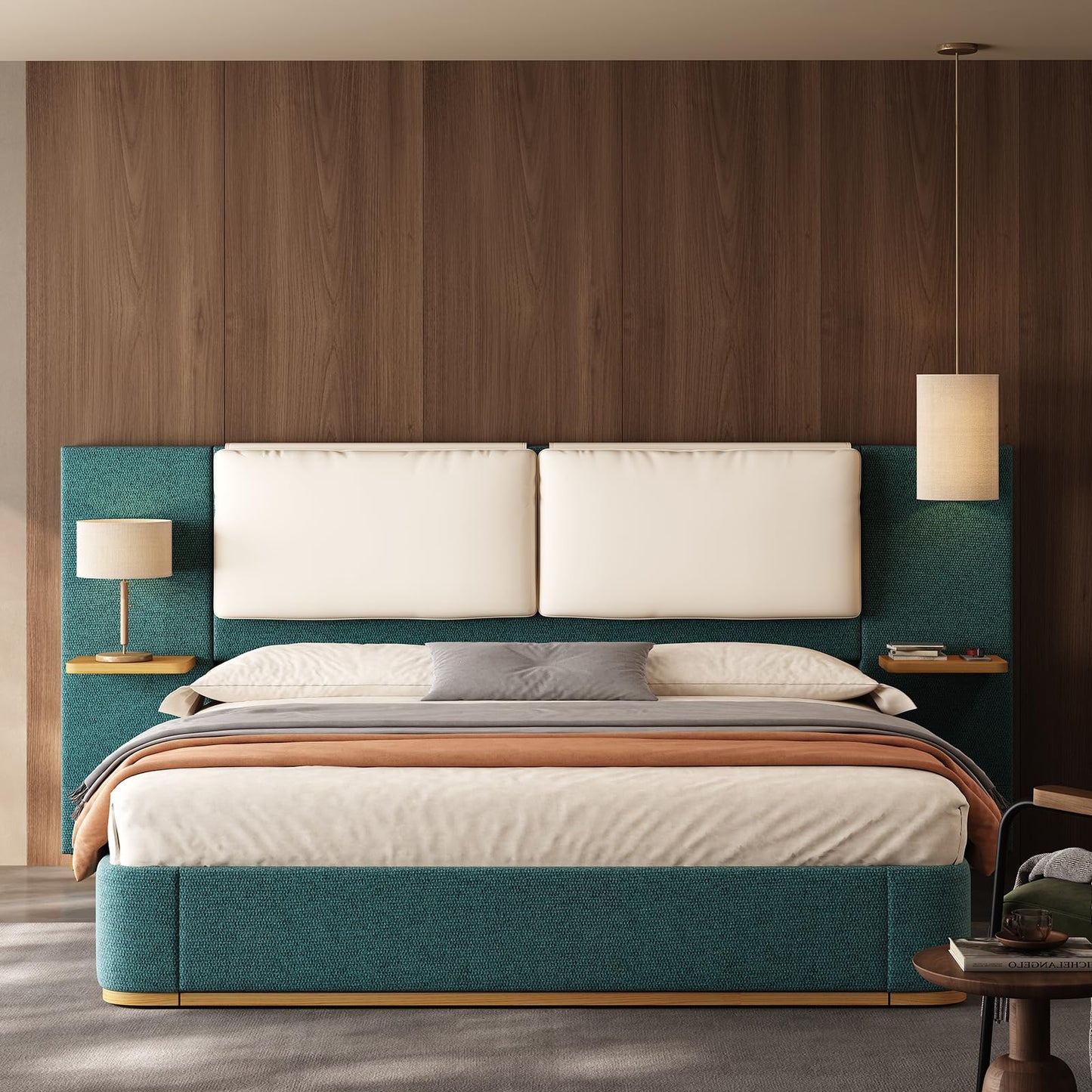 Modern Minimal Side Shelf Cloud Plush Boucle Queen Bed Frame