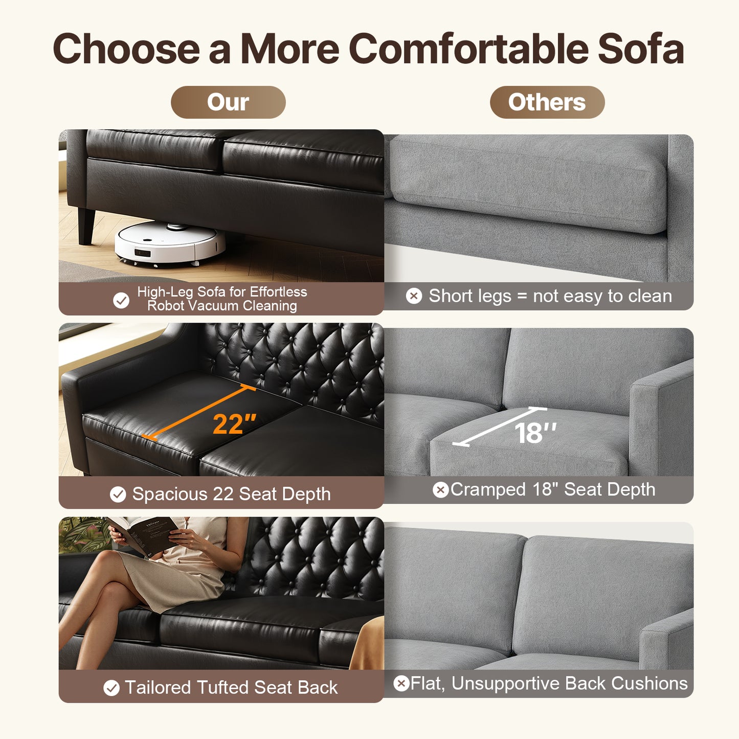 78.75" W Faux Leather Sofa, Button-Tufted 3-Seater Sofa, Mid Century Modern Vintage Brown Leather couches