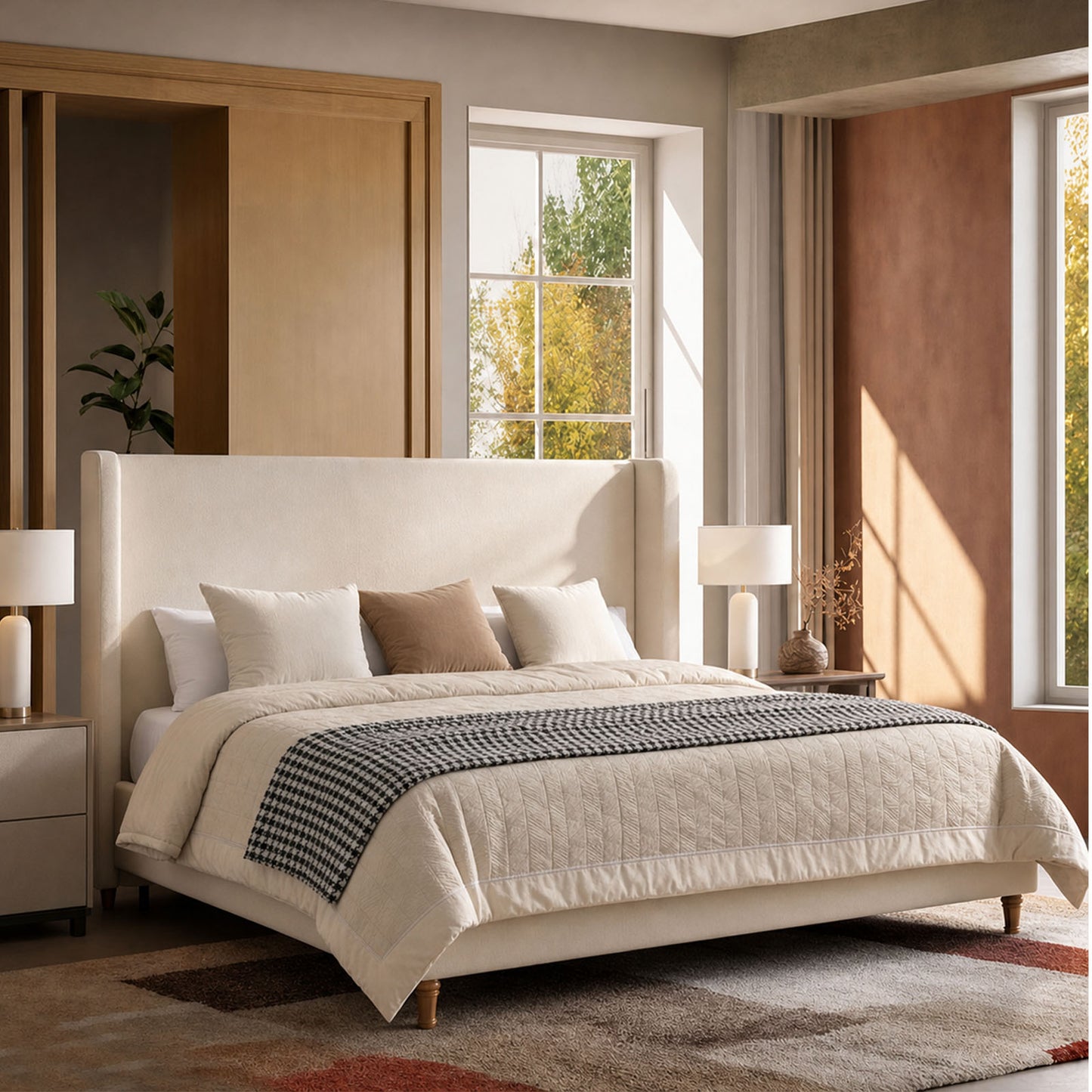 54" Wingback Bouclé Loop-Yarn High-Headboard King Bed