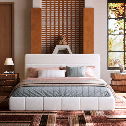 Boucle Puff Segmented Bed Double Headboard Cloud Style Wood Slats Cream Minimalist Assembly
