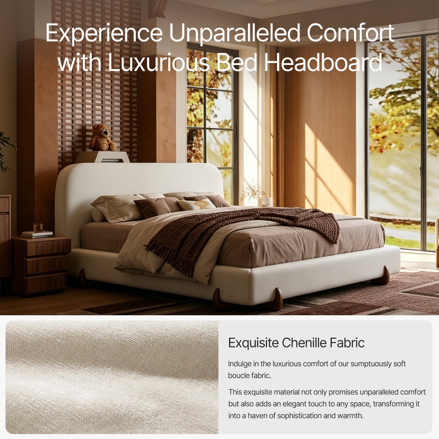 Boucle Cloud-Feel Bed– King Size,  Wood Solid Legs