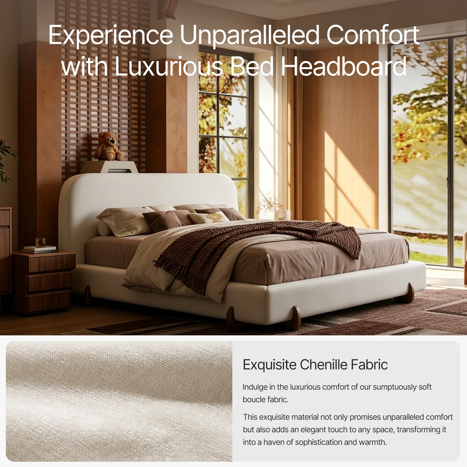 Cloud-Feel Bed– King Size, White Upholstered Platform Bed Frame with Soft Headboard & Wood Solid Legs, for Bedroom Apartment