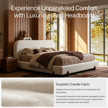 Boucle Cloud-Feel Bed– King Size,  Wood Solid Legs