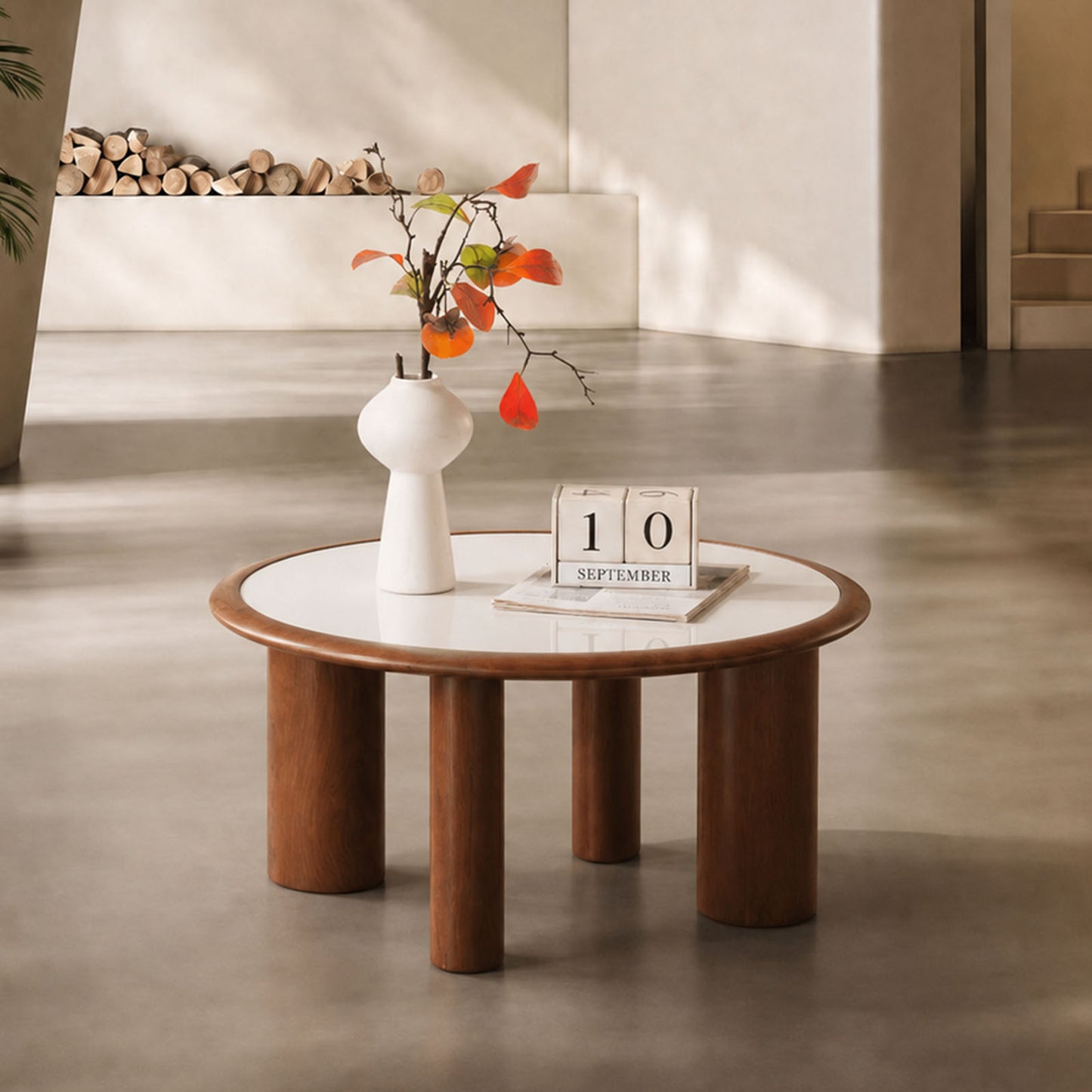 White Stone Top Wood-Trim 4-Leg Round Coffee Table