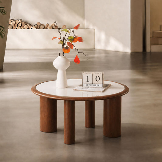 White Stone Top Wood-Trim 4-Leg Round Coffee Table