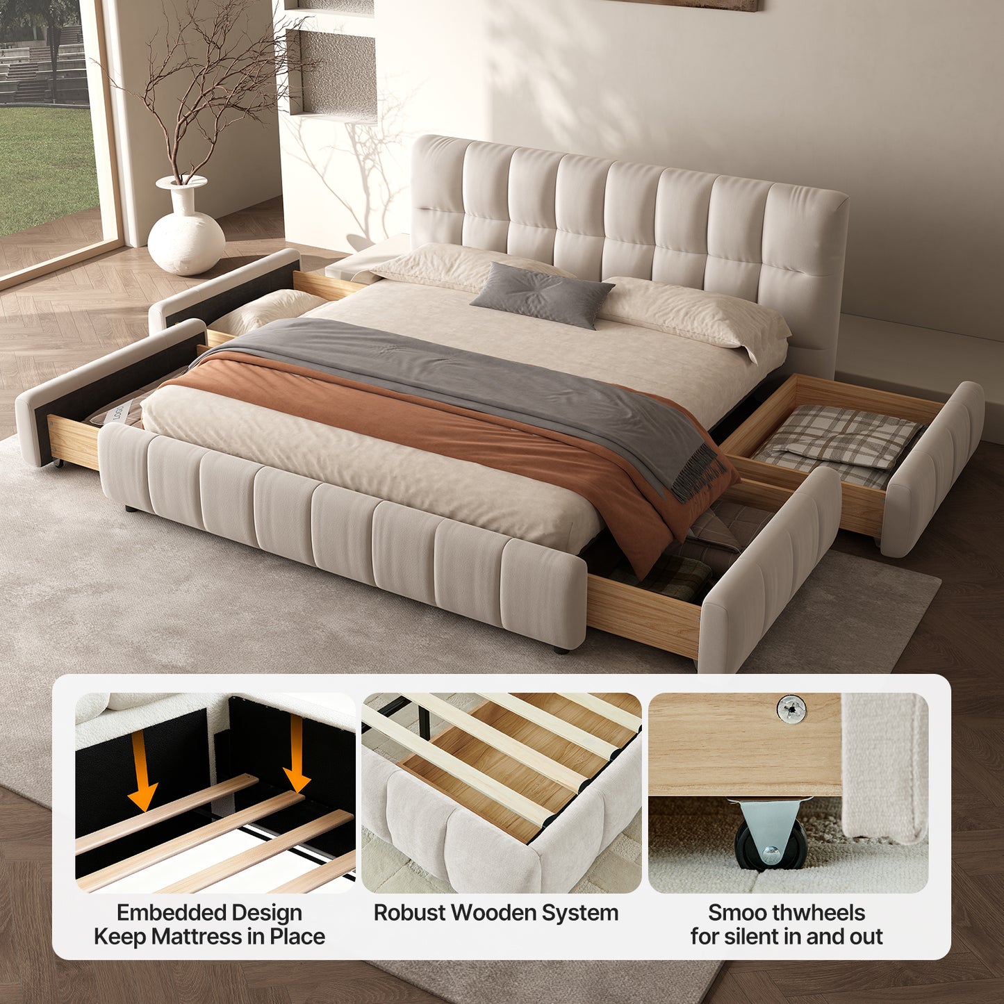 Queen Size Modern Cloud-Feel Bed Frame,With four drawers,Multi Color Beige/Green/Grey/Pink