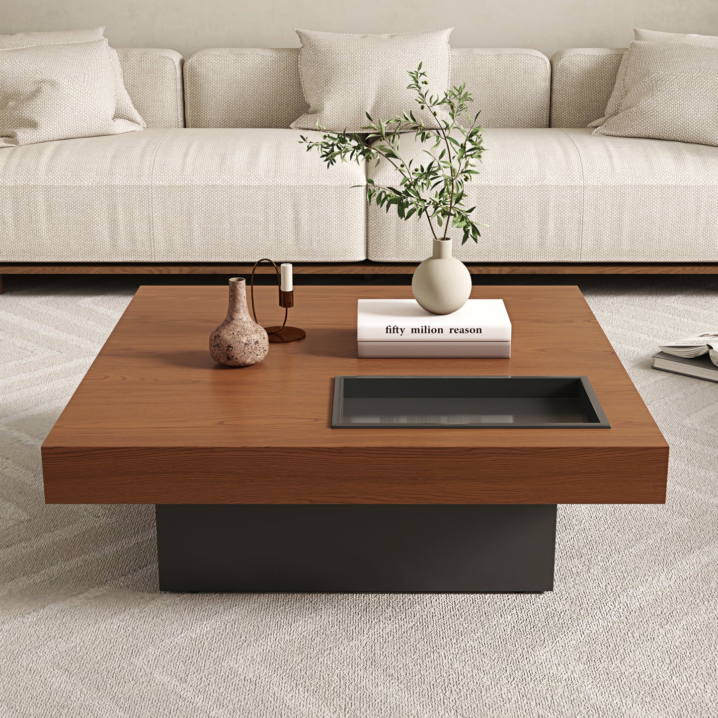 Square Low Coffee Table｜35.43" Hidden Tray, Scratchproof Wood Grain