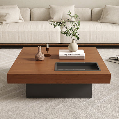 Square Low Coffee Table｜35.43" Hidden Tray, Scratchproof Wood Grain