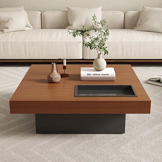 Square Low Coffee Table｜35.43" Hidden Tray, Scratchproof Wood Grain