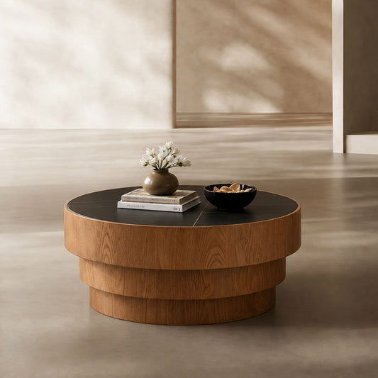 3-Tier Base Black Stone Walnut Trim Italian Minimalist Reception Coffee Table
