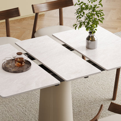 Retractable Rock Slab Folding Dining Table, Modern Square Expandable Table with Leather-Wrapped Stainless Steel Base